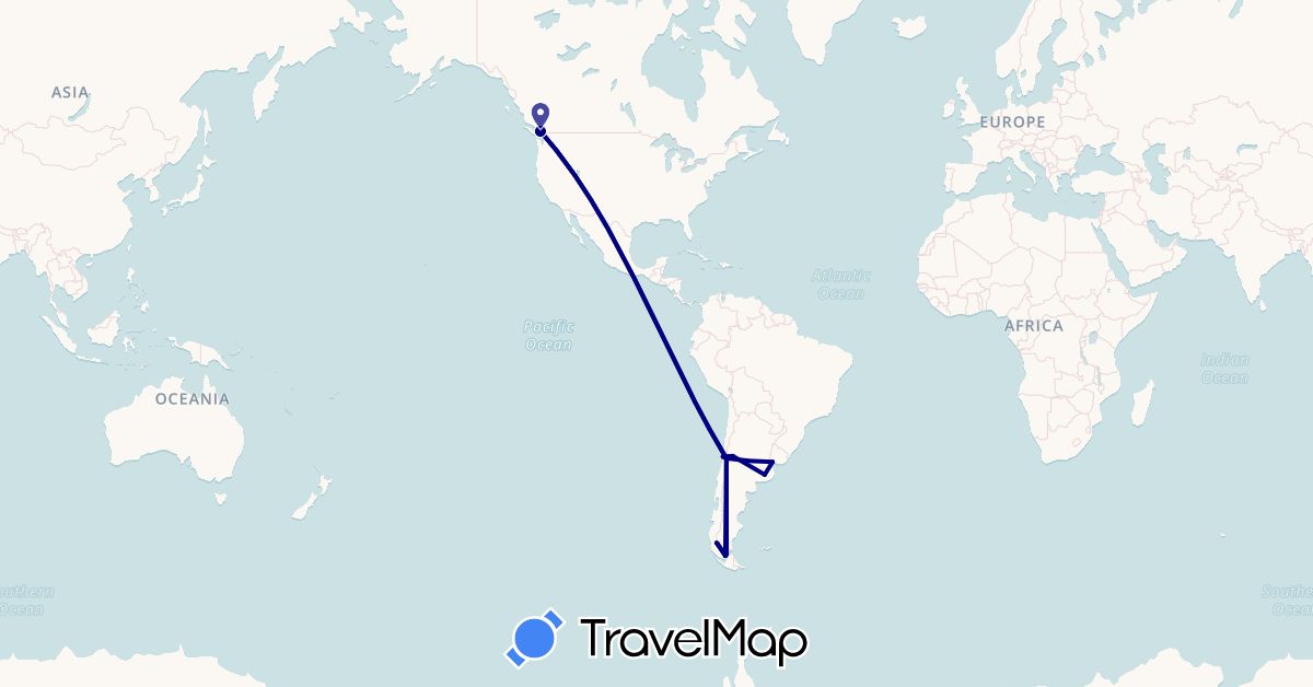 TravelMap itinerary: driving in Argentina, Canada, Chile, Uruguay (North America, South America)